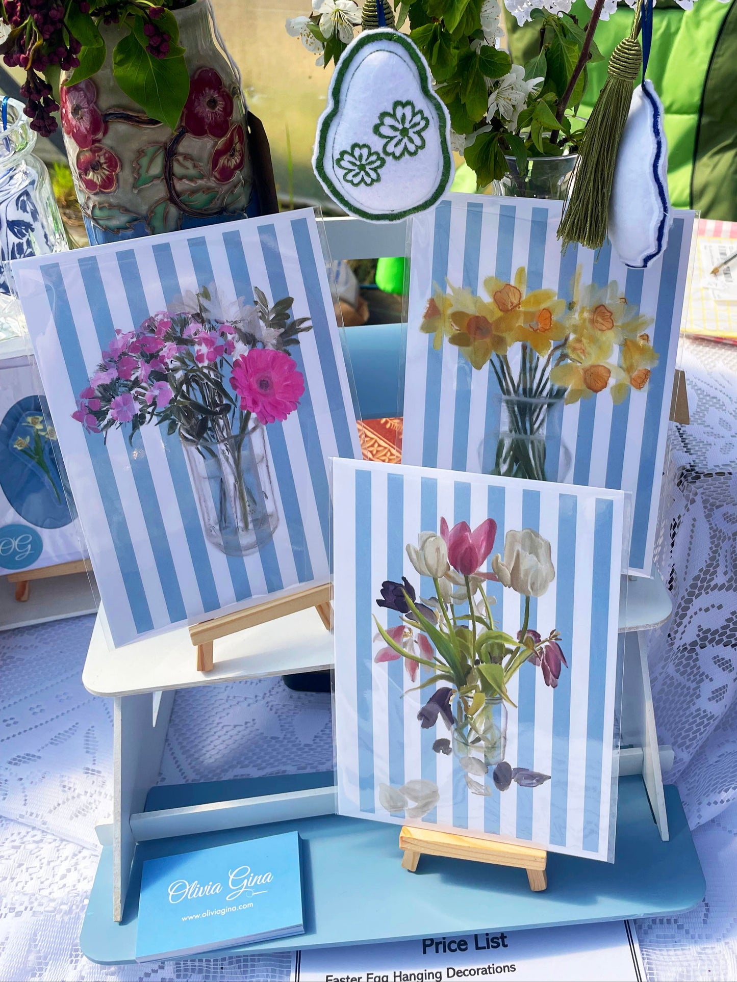 Hand-Drawn Floral Art Prints on a Candystriped Background